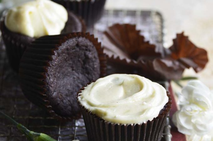 Low Carb Devil’s Food Cake Cupcakes with Crème Fraiche Frosting