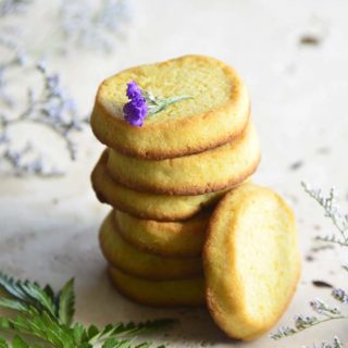 Front View of a Stack of Keto Orange Shortbread Cookies with Fern in Foreground