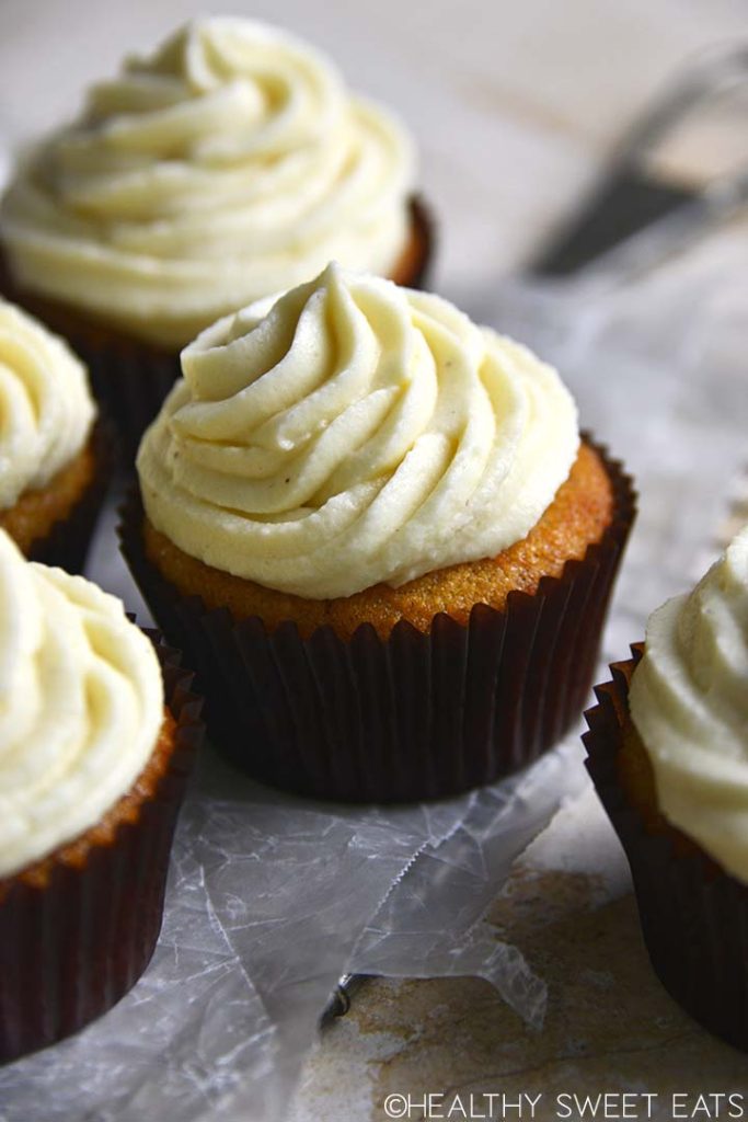swirl of keto vanilla buttercream frosting on cupcake